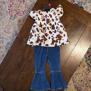 Kids Cow Print Top and Denim Flare Pants Set